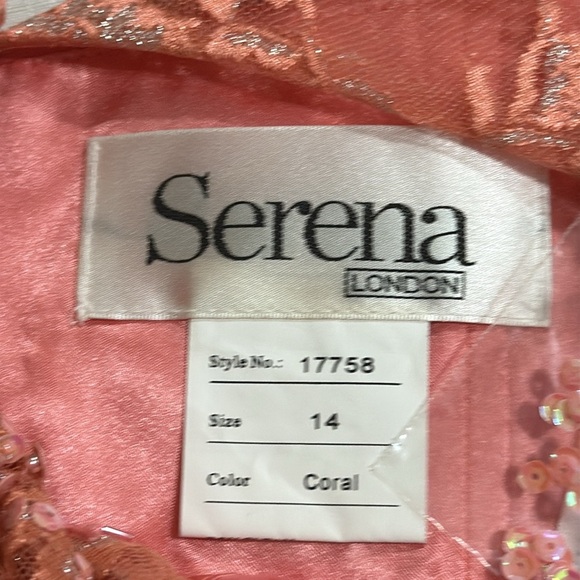 (T4)Serena London chiffon dress in coral with beaded lace and sequin embroide 14 - Picture 12 of 14
